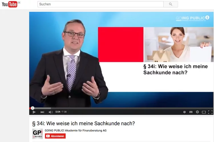 Going-Public-Vorstand Frank Rottenbacher erklärt in einem der Youtube-Videos, wie Vermittler von Immobiliendarlehen ihre Sachkunde nachweisen können.