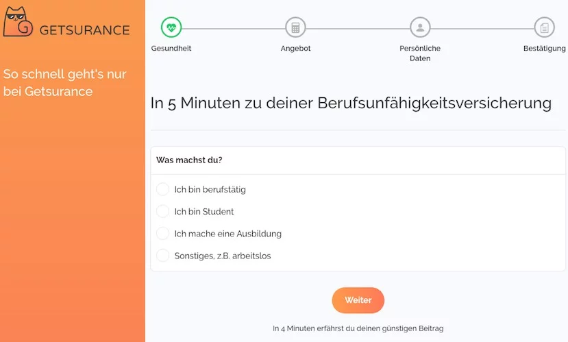 So sieht ein Schritt des Antragsprozesses der neuen digitalen BU aus. Quelle: Webseite Getsurance