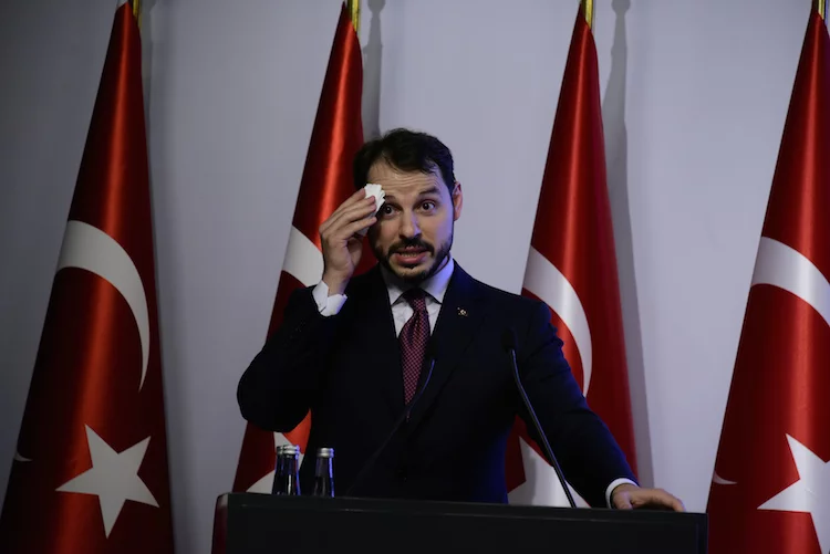 Turkish Treasury and Finance Minister, son-in-law of President Recep Tayyip Erdogan, Berat Albayrak makes a press conferance about the new economy model of country at Dolmabahce Palace, Istanbul, Turkey, 10th of August, 2018. Today, Turkish Lira hit a record low against major currencies, recording 6.00 liras against US dollar and 7.00 liras against Euro. The Turkish currency had plunged by almost 30 percent against the US dollar since the end of last year. Photo by Mustafa Alkac/Depo Photos/ABACAPRESS.COM |