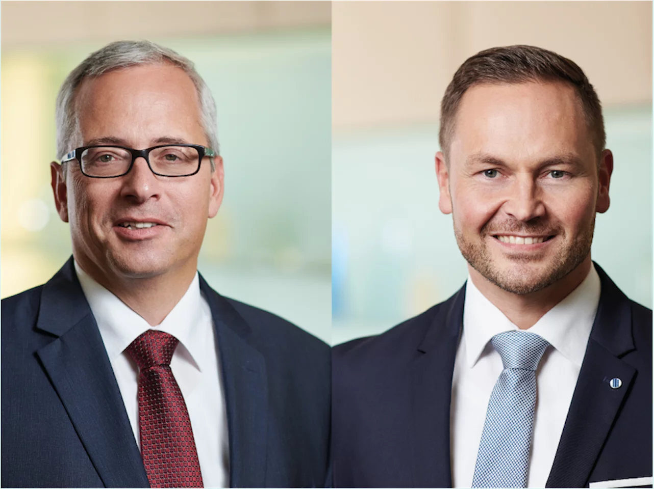Porträtfotos von Norman Lemke und David Schäfer, beide mit weißem Hemd, Sakko und Krawatte