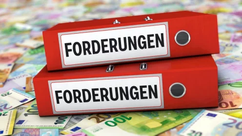 Zwei rote Aktenordner liegen auf Geldscheinen. Die Ordner haben beide die Aufschrift Forderungen