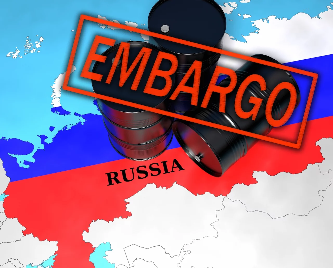 Oelfässer auf russischer Flagge, die das Land ausfüllt mit einem Embargoschild darueber