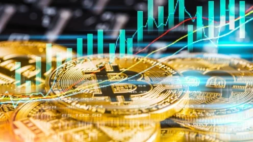 Bitcoin-Münzen unter einem Kursverlauf