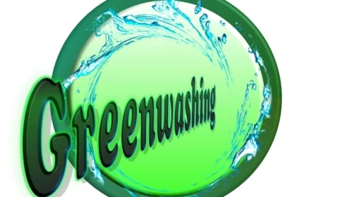Greenwashing, irreführendes Marketing. Button 3D Greenwashing und Marketing - Verkauf und Werbung
