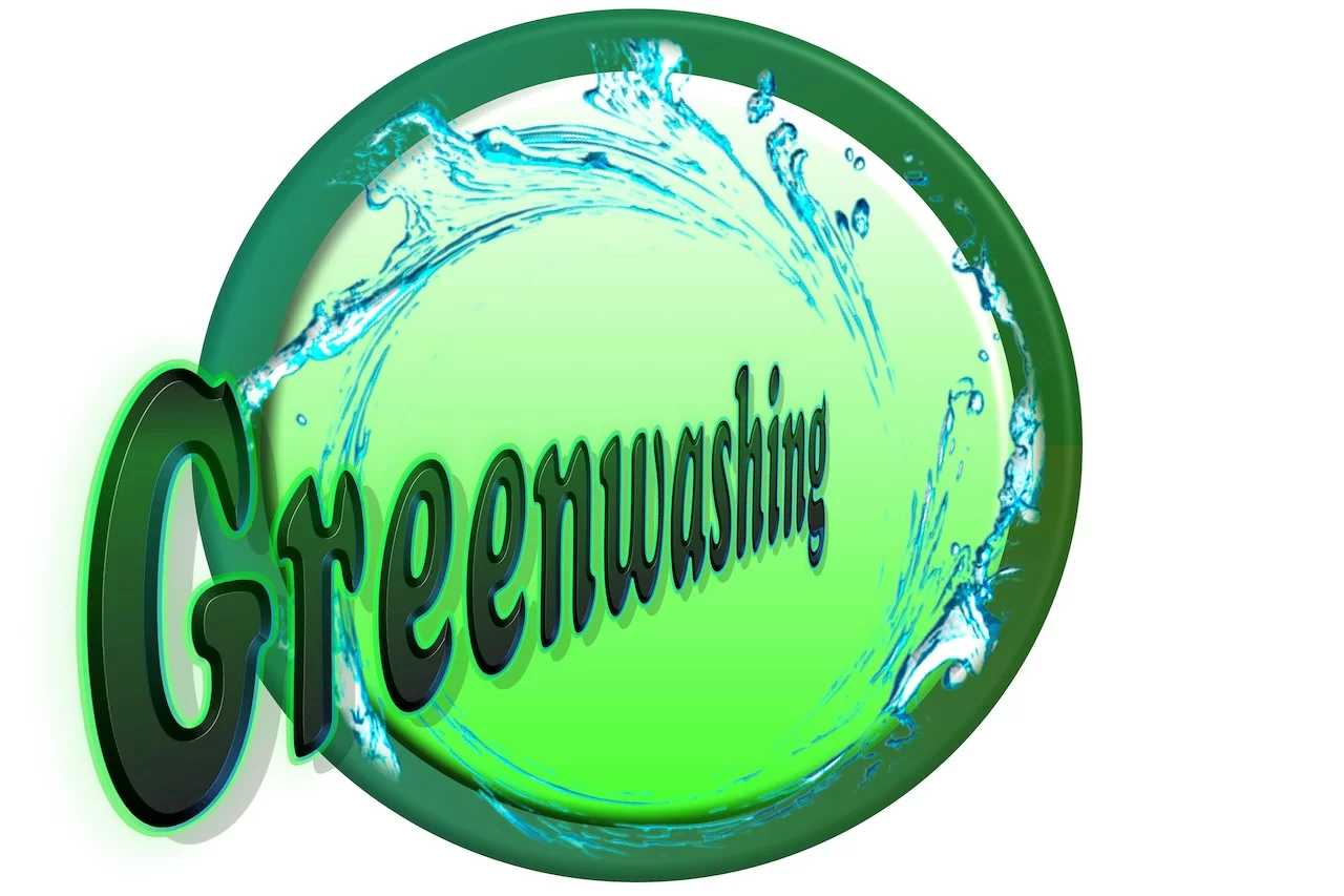Greenwashing, irreführendes Marketing. Button 3D Greenwashing und Marketing - Verkauf und Werbung