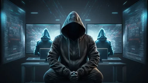 Vermummter Hacker vor dem Computerbildschirm mit Binärcode Generative KI