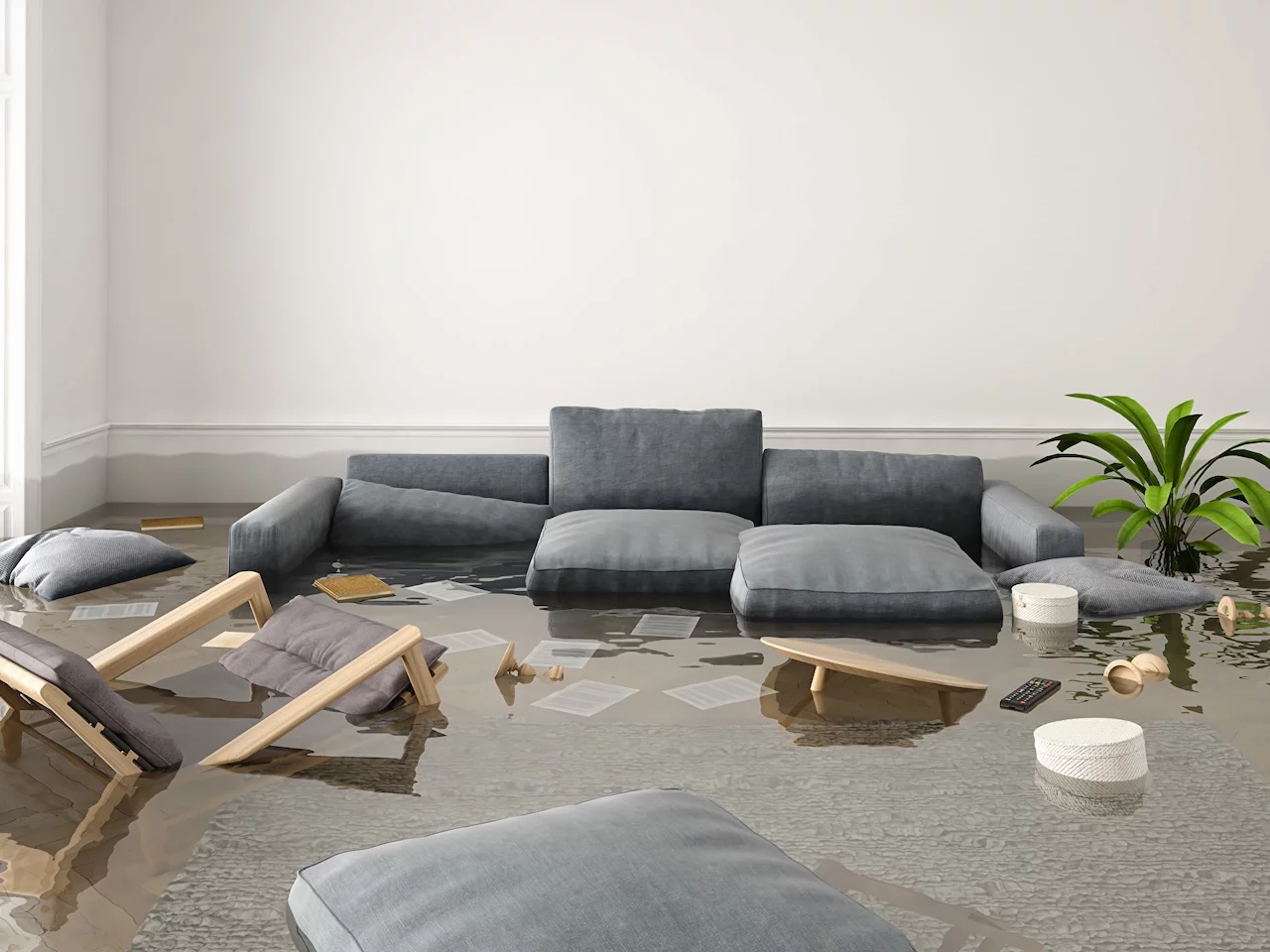 Überschwemmte Wohnung. 3D-Darstellung