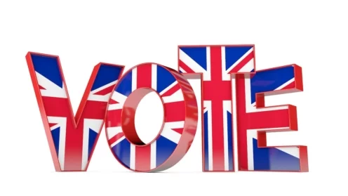 Wahlwort aus Union Jack Flagge Schriftzug. 3D-Darstellung