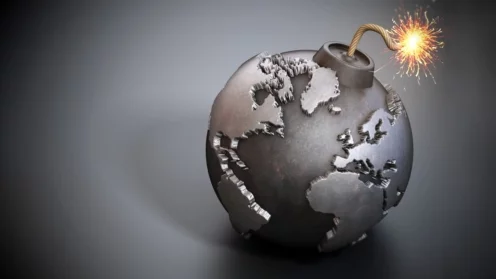 World map shaped bomb with burning fuse. 3D illustration