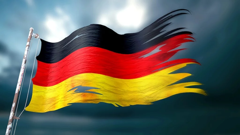 3D-Illustration einer zerrissenen und zerrissenen Fahne Deutschlands vor einem dunklen wolkenverhangenen Himmel