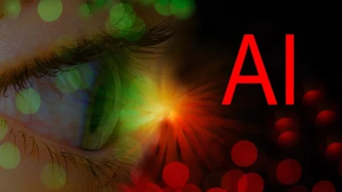 Künstliche Intelligenz KI-Buchstaben mit einem Auge mit roten und grünen Lichtern, KI, AI, Digitalisierung