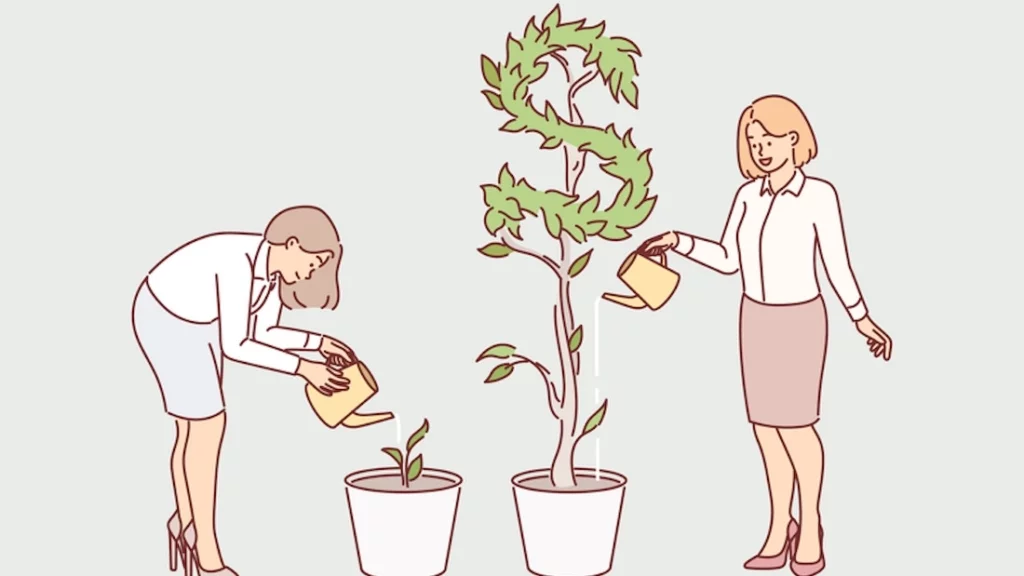 Geschäftsfrauen, die Pflanzen gießen, erzielen unterschiedliche Ergebnisse in Form von Bargeldgewinnen und Dividenden aus Investitionen. Dank der Investitionen wächst ein Baum in Form eines Dollars aus dem Blumentopf.