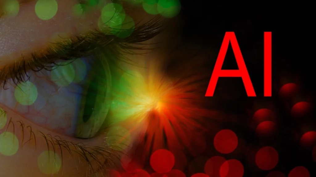 Künstliche Intelligenz KI-Buchstaben mit einem Auge mit roten und grünen Lichtern
