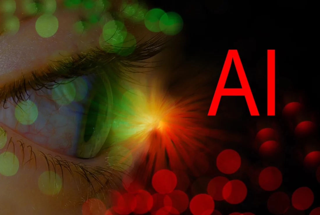 Künstliche Intelligenz KI-Buchstaben mit einem Auge mit roten und grünen Lichtern