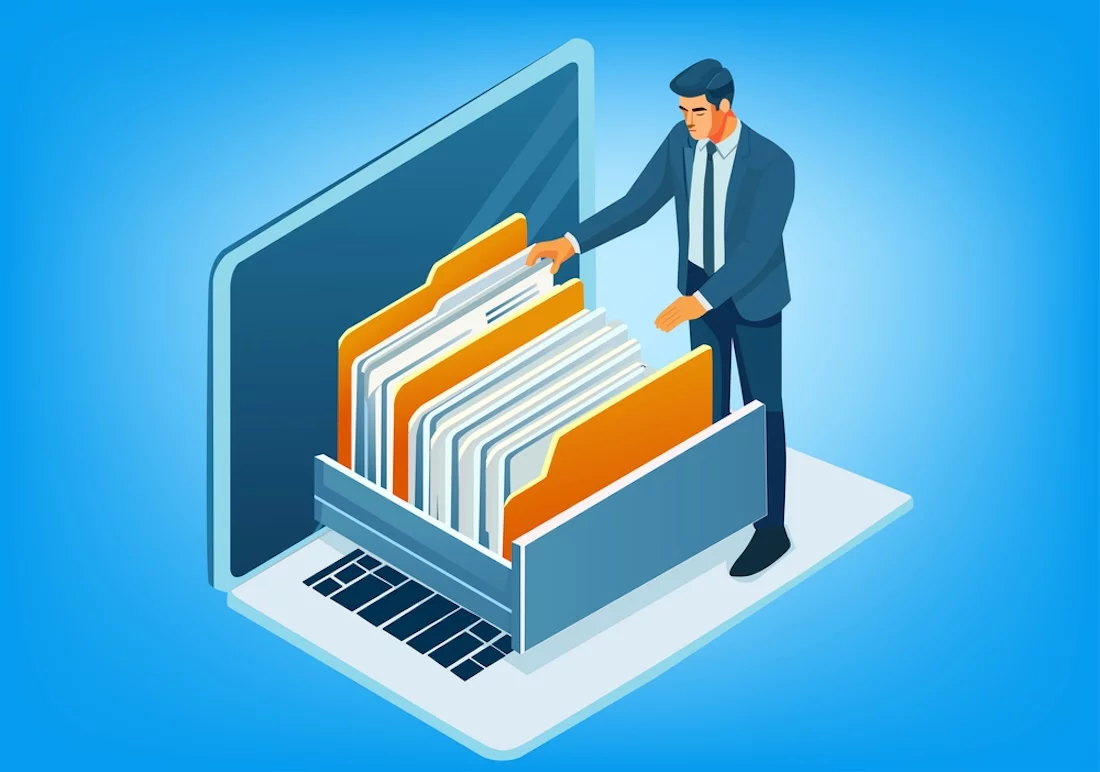 Illustration eines Geschäftsmannes, der in einem digitalen Ordner auf einem Laptop nach einer Datei sucht.