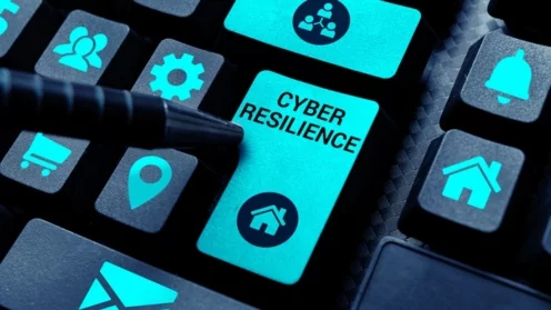 Schild mit der Aufschrift „Cyber Resilience“. Begriff zur Messung, wie gut ein Unternehmen einen Cyberangriff bewältigen kann.