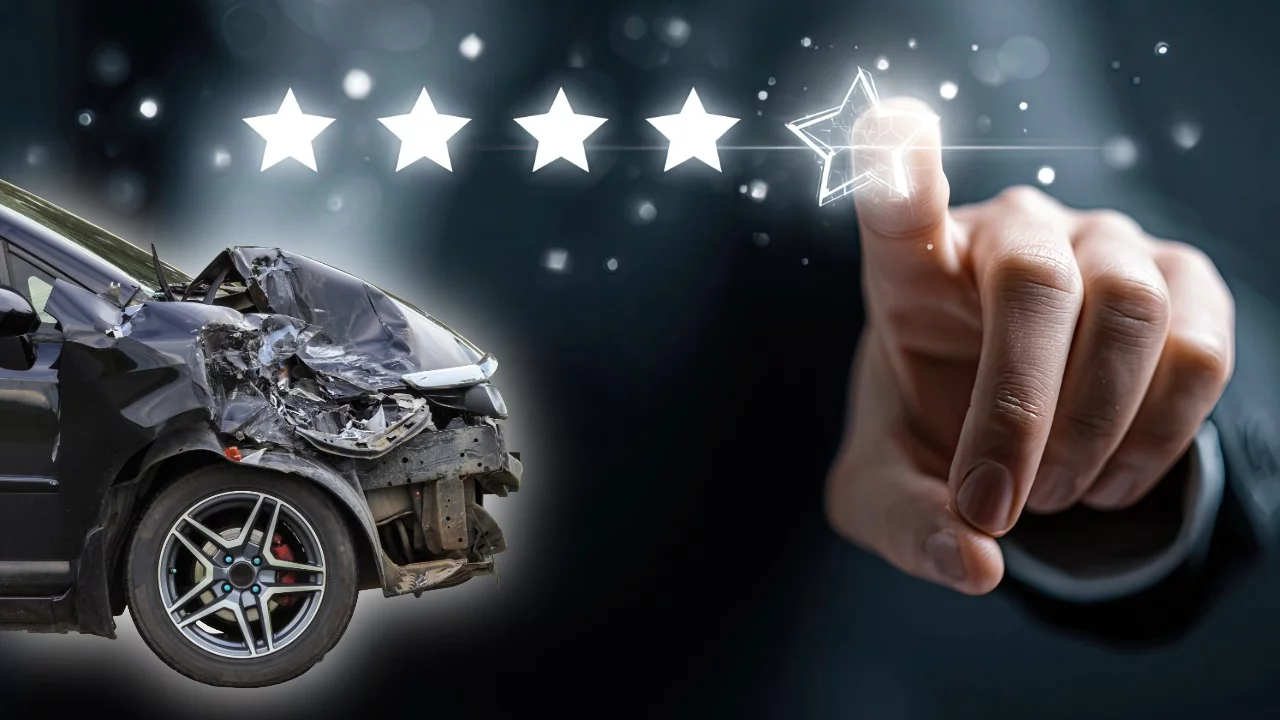 Hand vergibt 5 Sterne, darunter ein gecrashtes Auto