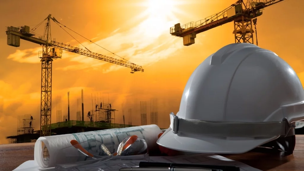 Schutzhelm und Architektenplan auf Holztisch mit Sonnenuntergangsszene