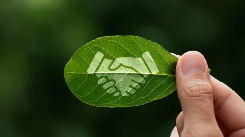 Nachhaltigkeit, ESG, ine menschliche Hand hält ein grün bemaltes Blatt mit einem Handschlag-Symbol, Umwelt, Soziales und Unternehmensführung (ESG), Zusammenarbeit von Organisationen zur Verhinderung des Klimawandels, nachhaltige Erde.
