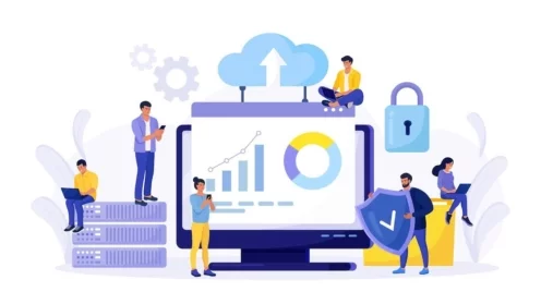 IT-Spezialisten verwalten Cloud-Dienste, Datenspeicherung. Hosting-Plattform. Verarbeitung und Übertragung von Big Data. Online-Computing-Technologie. Softwarelösungen zum Austausch von Informationen in digitalen Netzwerken.