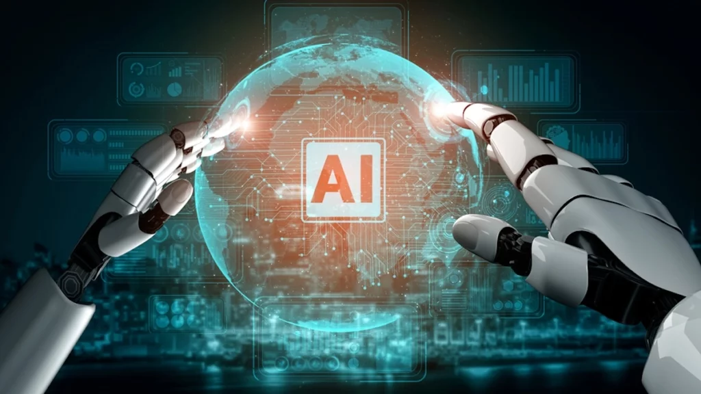 3D-Rendering, künstliche Intelligenz, KI-Forschung zur Entwicklung von Robotern und Cyborgs für die Zukunft des menschlichen Lebens. Digitale Datenauswertung und maschinelles Lernen für das Design von Computergehirnen.