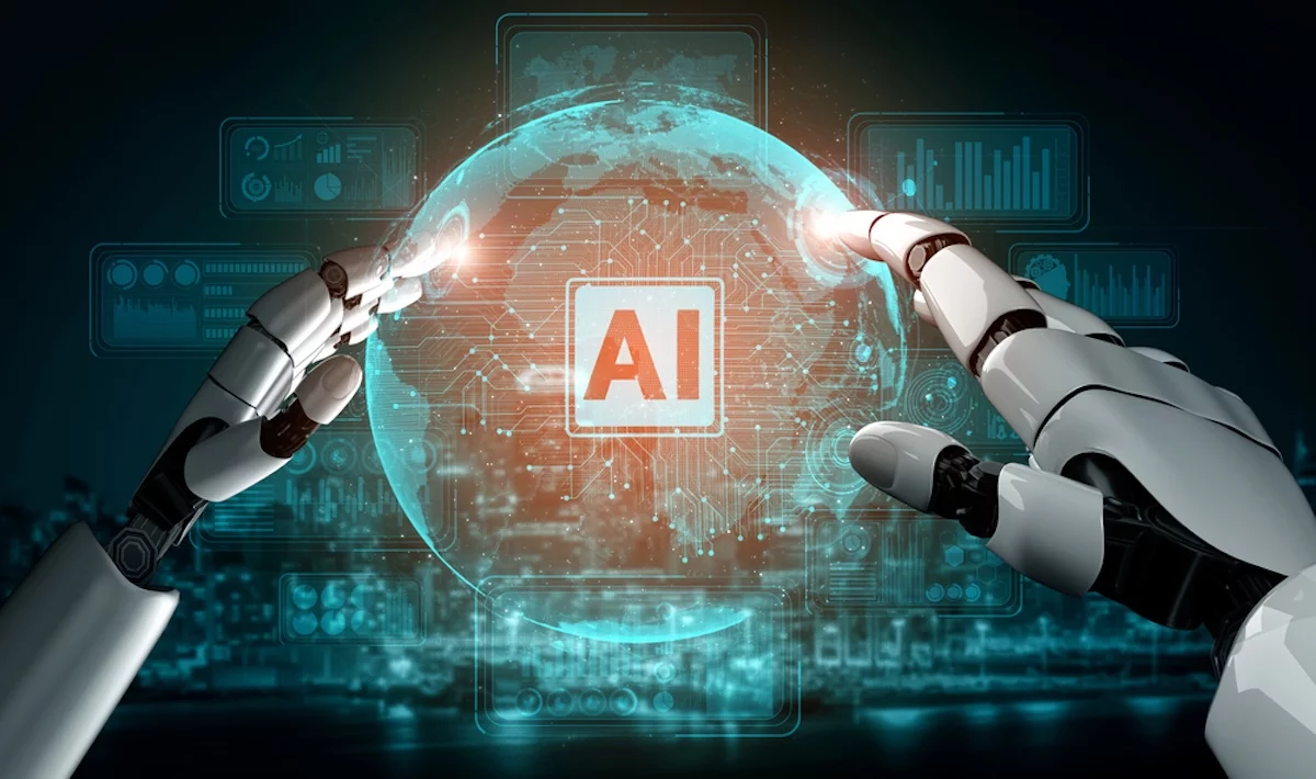 3D-Rendering, künstliche Intelligenz, KI-Forschung zur Entwicklung von Robotern und Cyborgs für die Zukunft des menschlichen Lebens. Digitale Datenauswertung und maschinelles Lernen für das Design von Computergehirnen.