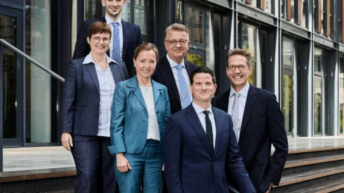 Die Mitglieder des DEVK-Vorstands: Manuela Moog, Dr. Fabian Pütz, Annette Hetzenegger, Dietmar Scheel, Dr. Michael Zons, Michael Knaup, v. l. n. r.