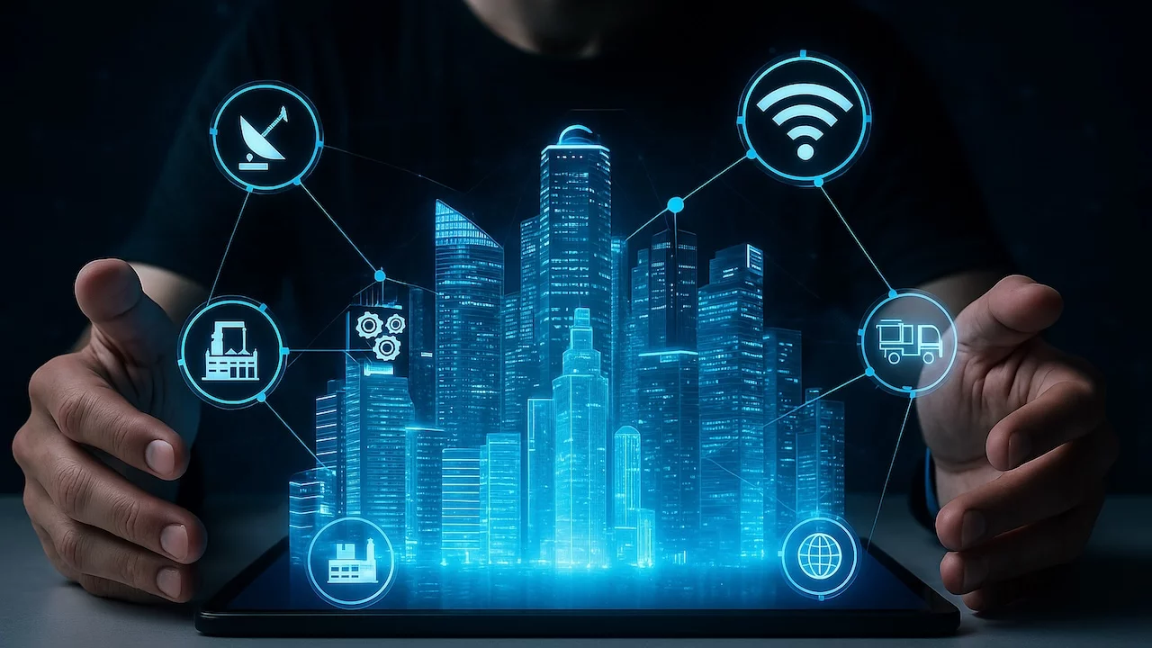 AI generated futuristic smart city emerging from digital tablet surrounded by glowing icons representing wireless control logistics connectivity and AI driven urban infrastructure