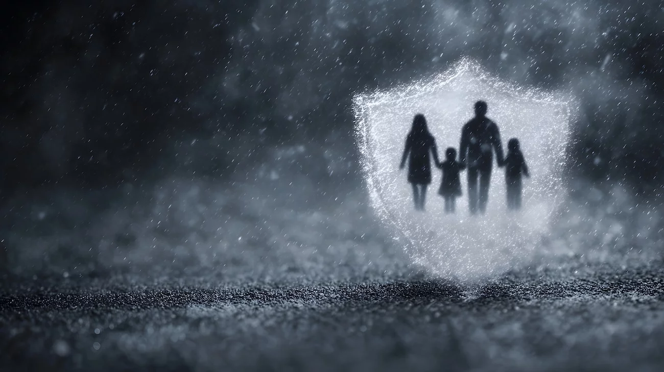 Symbolische Illustration der Sicherheit und des Schutzes einer Familie, dargestellt durch einen leuchtenden Schild, der eine silhouettierte Familie vor dunklen, stürmischen und atmosphärischen Bedingungen schützt., Risikoleben. Risikolebensversicherung