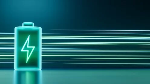 Leuchtend grüne, neonfarbene, futuristische Energiespeicher, wiederaufladbare Lithium-Ionen-Akkus mit hoher Kapazität, 3D-Rendering einer Lichtspur – ein Konzept für die saubere Energietechnologie zukünftiger Elektrofahrzeuge