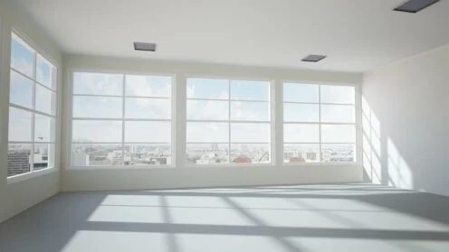 Leerstehendes Büro mit Blick über eine Stadt
