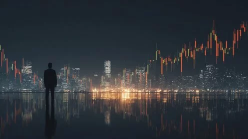 Ein Mann in Silhouette steht vor einer Stadtlandschaft und einem leuchtenden Finanzdaten-Diagramm.