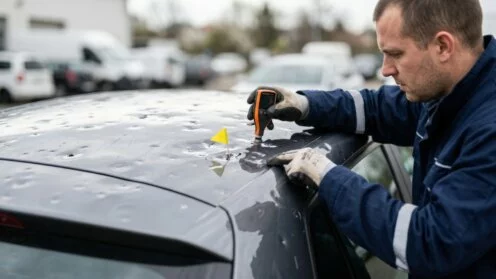 Ein Gutachter begutachtet die durch Hagel verursachten Dachschäden an einem Fließheckmodell; durch eine fokussierte Nahaufnahme und einen unscharfen Hintergrund wird der Schwerpunkt auf die präzise Schadensanalyse gelegt.