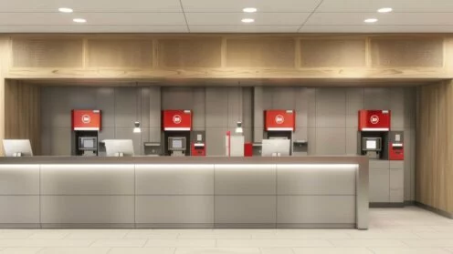 Moderne, leere Bankfiliale mit mehreren roten Selbstbedienungs- und Service-Terminals hinter einem langen weißen Empfangstresen. Die Innenarchitektur wirkt minimalistisch und hochwertig, mit warmen Holzelementen, heller Beleuchtung und klaren Linien.