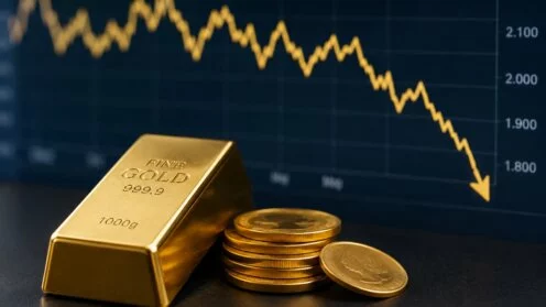 Goldbarren und -münzen und ein Preischart, der fällt
