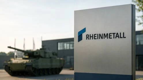 Rheinmetall-Schild neben einem Panzer