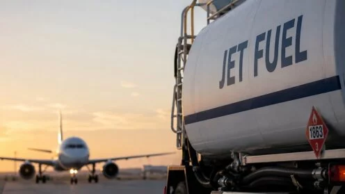 Tankwagen mit Kerosin, im Hintergrund ein Flugzeug