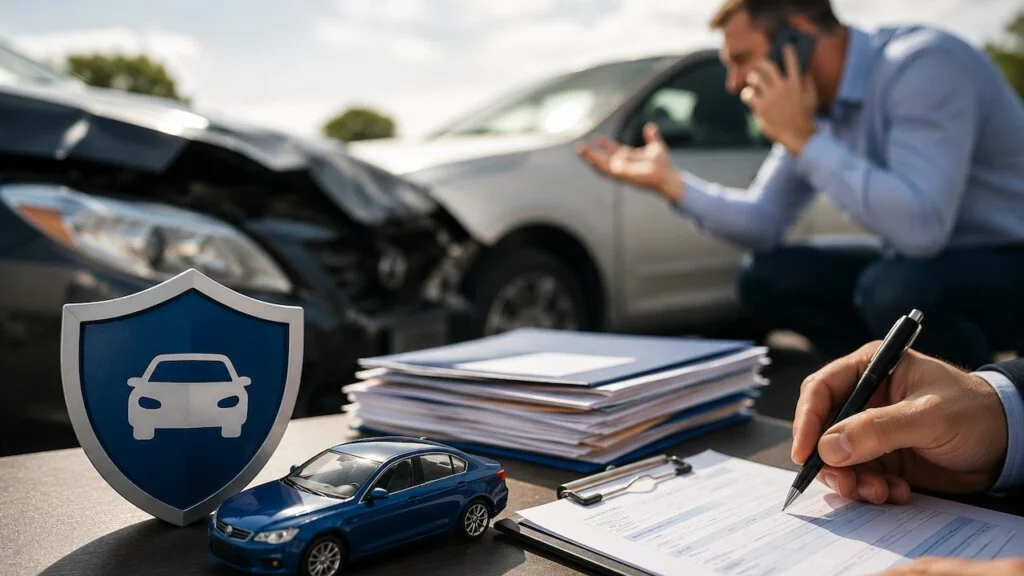 Ein Mann telefoniert nach einem Unfall vermutlich mit seiner Kfz-Versicherung