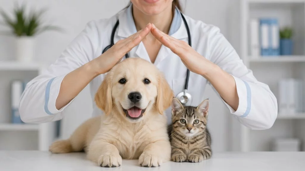 Veterinary care concept with dog and cat under protective hands in clinic, animal insurance and wellness.