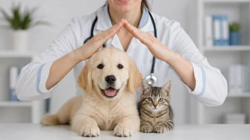 Veterinary care concept with dog and cat under protective hands in clinic, animal insurance and wellness.
