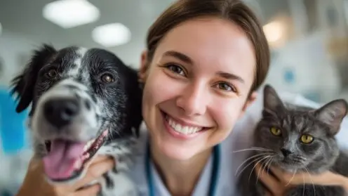 Tierbesitzerin mit Hund und Katze