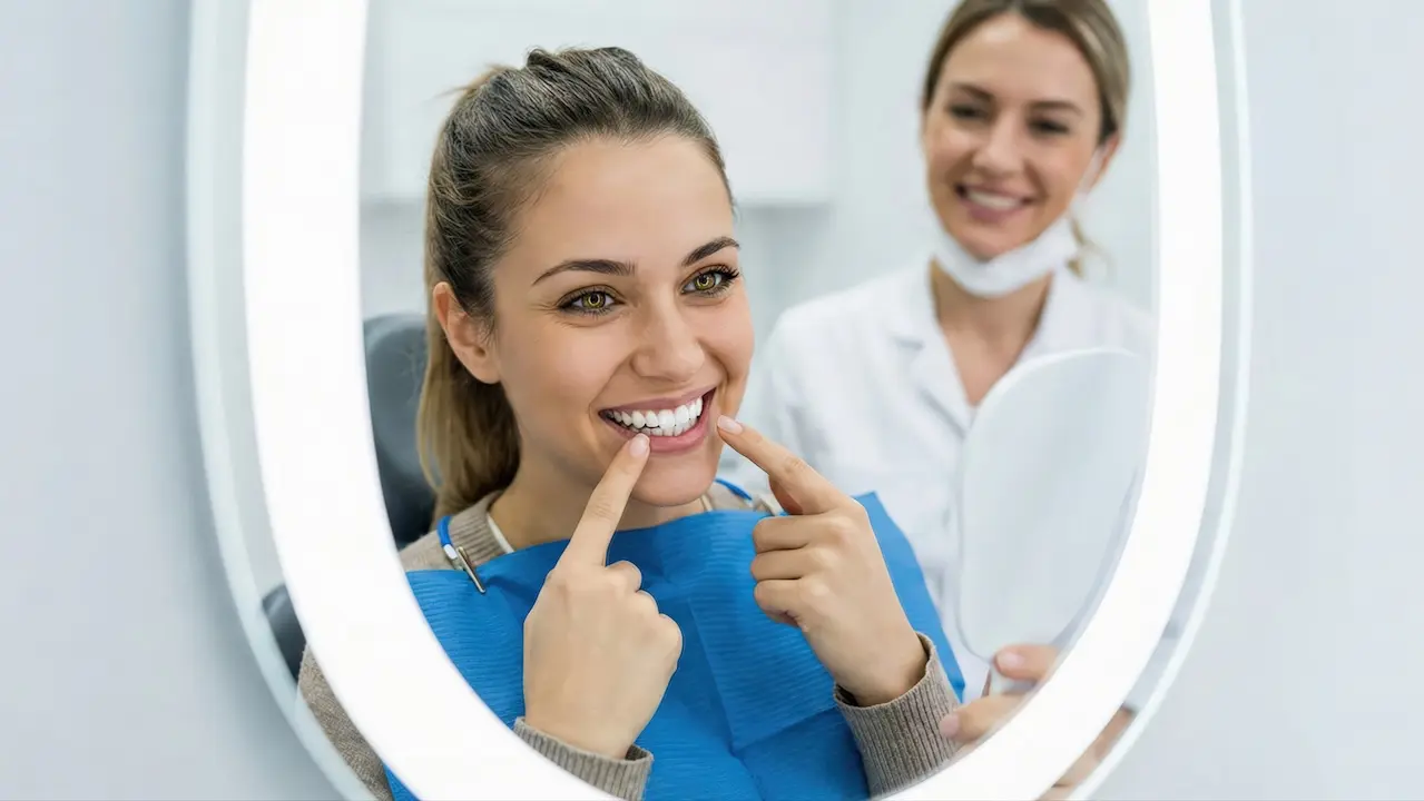 A happy young woman sitting in a dental chair checks her beautiful white smile in a mirror while a female dentist stands in the background Generative AI image