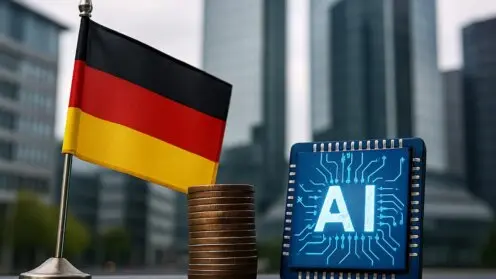 Die deutsche Flagge vor den Banktürmen in Frankfurt.