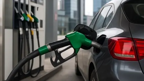 Zapfpistole steckt in einem Auto an einer Tankstelle; im Hintergrund sind weitere Kraftstoffsäulen zu sehen.