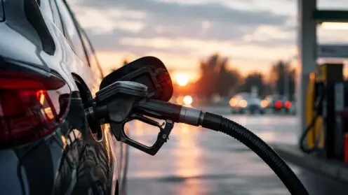 Zapfpistole steckt bei Sonnenuntergang im Tank eines Autos an einer Tankstelle.