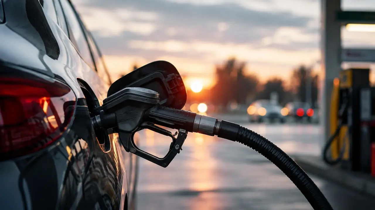 Zapfpistole steckt bei Sonnenuntergang im Tank eines Autos an einer Tankstelle.