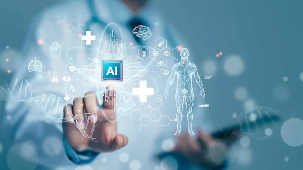 Medizintechnik: Ärzte nutzen künstliche Intelligenz (KI) für Diagnose, Versorgung und zur Steigerung der Genauigkeit bei der Patientenbehandlung in der Zukunft. Medizinische Forschung. Medizinische Innovationen für die Gesundheit der Zukunft. Telemedizin