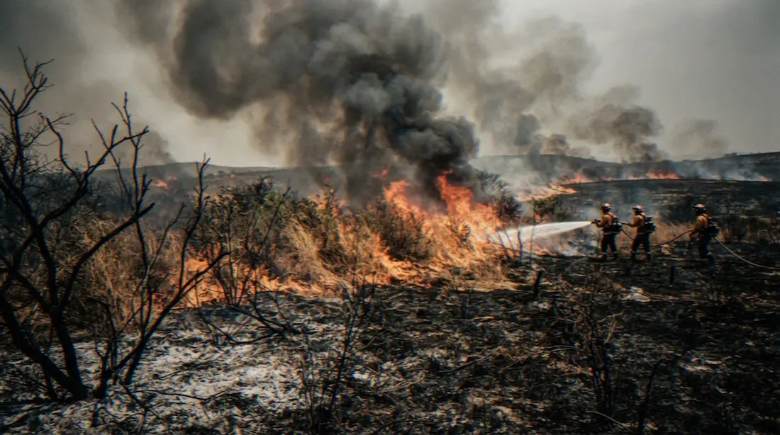 Drei Feuerwehrleute arbeiten gemeinsam daran, einen Waldbrand auf einem Feld zu löschen, indem sie mit Schläuchen Wasser auf die Flammen und die rauchverhüllte Landschaft spritzen.