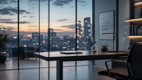Minimalistischer Büroraum bei Dämmerung mit geschlossenem Laptop, Sanduhr, Schreibtischlampe und Stadtblick durch Glaswand.