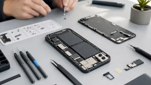 Zerlegtes Smartphone auf Werkbank mit geöffnetem Gehäuse, sichtbaren internen Komponenten, Werkzeugen und Ersatzteilen, Hände im Hintergrund unscharf.